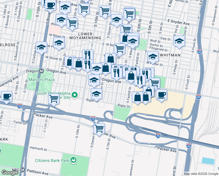 map of restaurants, bars, coffee shops, grocery stores, and more near 2711 South Beulah Street in Philadelphia