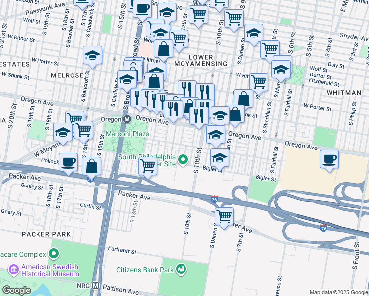map of restaurants, bars, coffee shops, grocery stores, and more near 1029 Johnston Street in Philadelphia