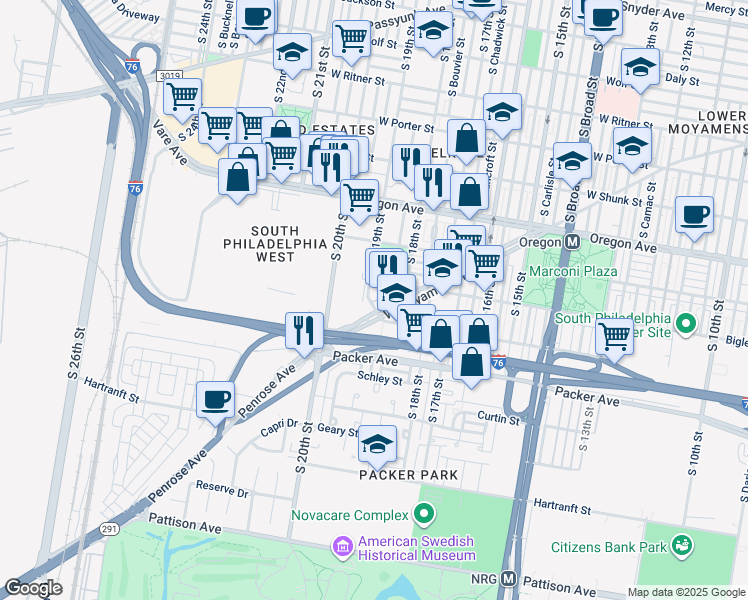 map of restaurants, bars, coffee shops, grocery stores, and more near 2909 South 19th Street in Philadelphia