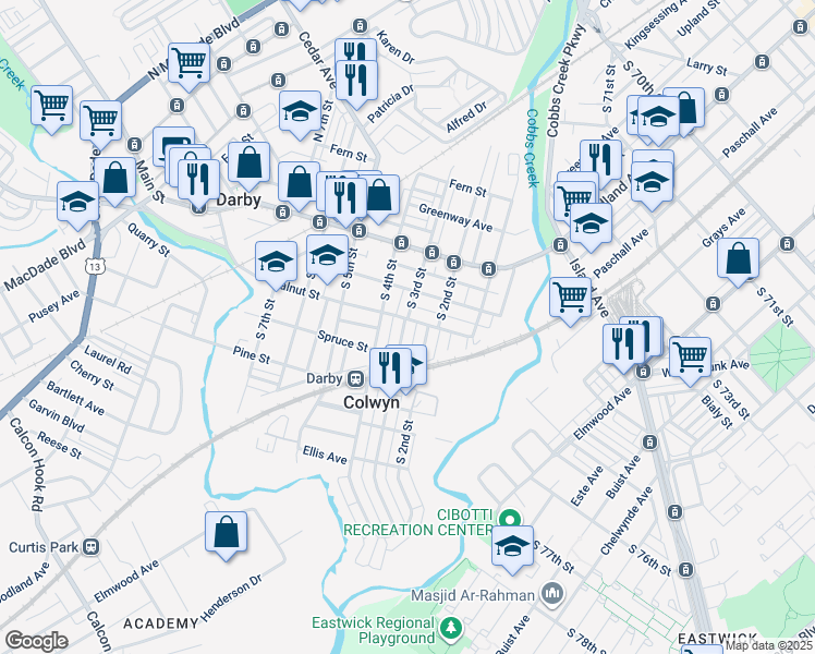 map of restaurants, bars, coffee shops, grocery stores, and more near 217 Walnut Street in Darby
