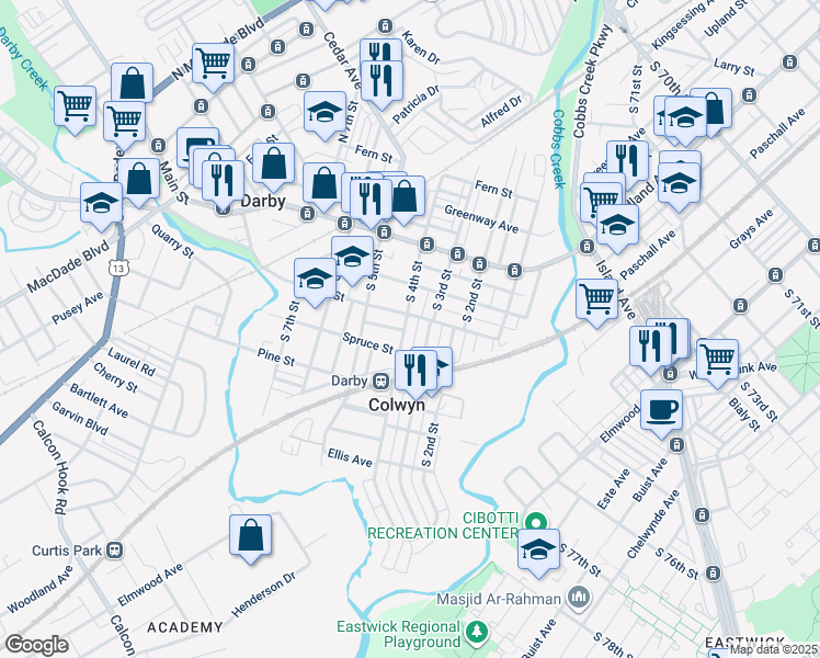 map of restaurants, bars, coffee shops, grocery stores, and more near 200 South 4th Street in Darby