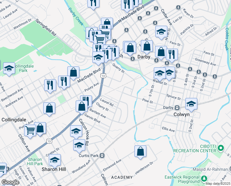 map of restaurants, bars, coffee shops, grocery stores, and more near 1013 Pine Street in Darby
