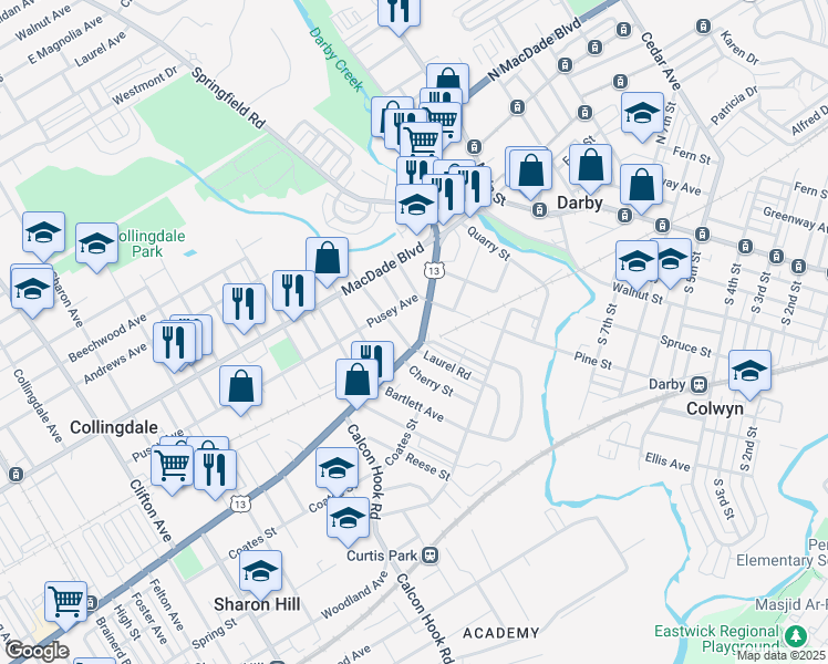 map of restaurants, bars, coffee shops, grocery stores, and more near 116 Chester Pike in Darby