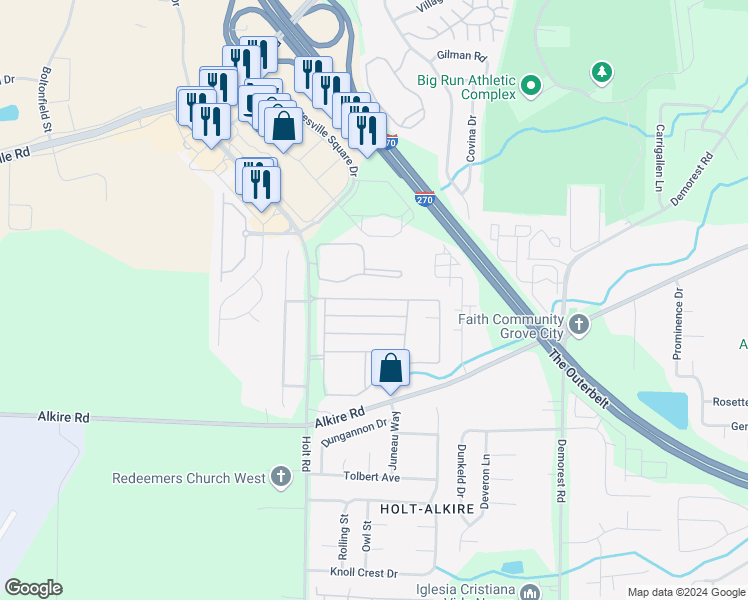 map of restaurants, bars, coffee shops, grocery stores, and more near 4672 Parrau Drive in Columbus