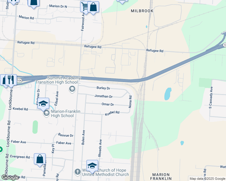 map of restaurants, bars, coffee shops, grocery stores, and more near 1639 Burley Drive in Columbus
