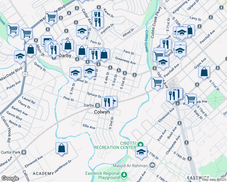 map of restaurants, bars, coffee shops, grocery stores, and more near 210 Walnut Street in Darby