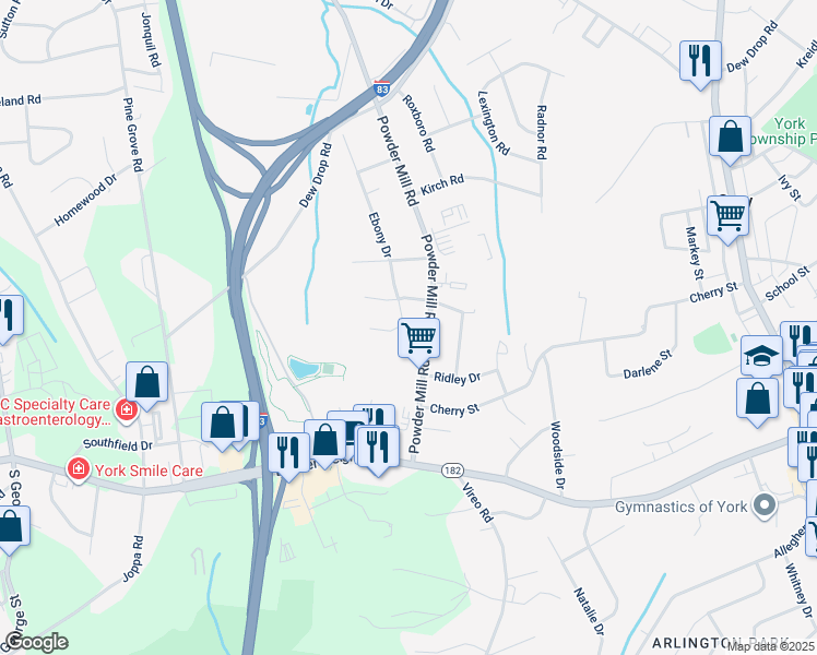 map of restaurants, bars, coffee shops, grocery stores, and more near 1905 Ebony Drive in York