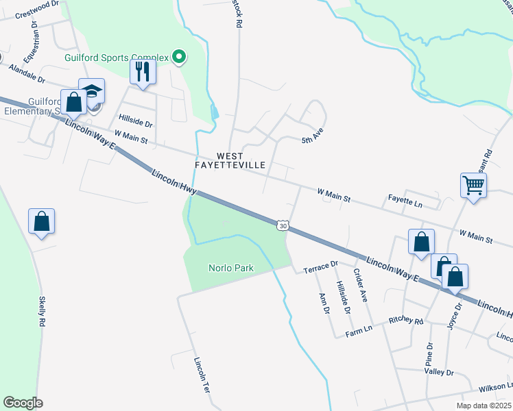 map of restaurants, bars, coffee shops, grocery stores, and more near 3015 Lincoln Way East in Fayetteville