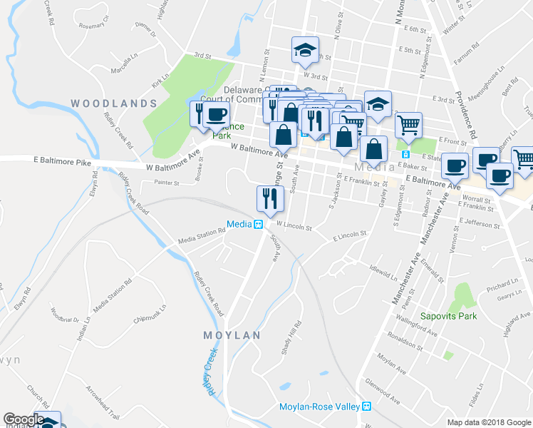 map of restaurants, bars, coffee shops, grocery stores, and more near 450 South Orange Street in Media