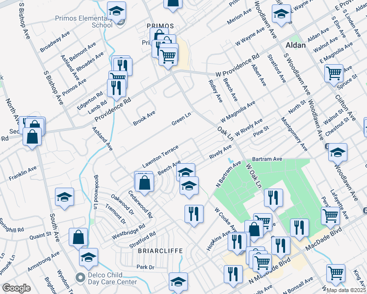 map of restaurants, bars, coffee shops, grocery stores, and more near 818 Lawnton Terrace in Glenolden