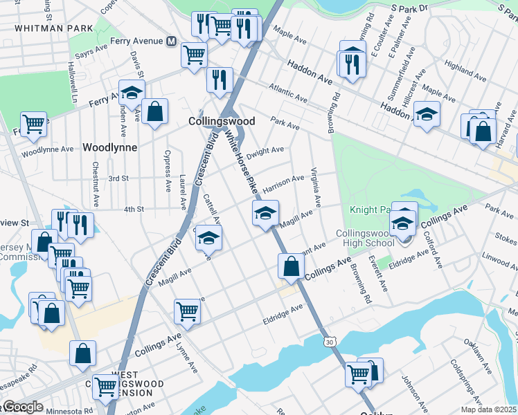 map of restaurants, bars, coffee shops, grocery stores, and more near 300 White Horse Pike in Collingswood