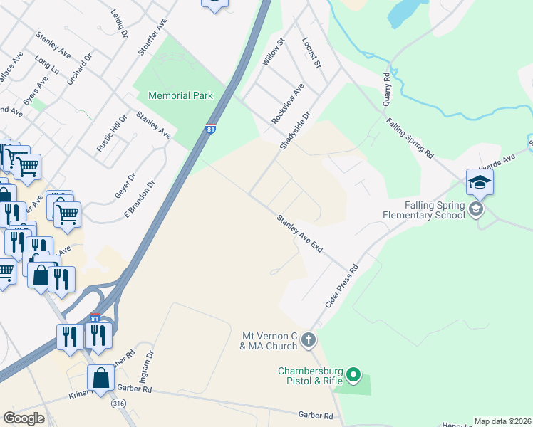 map of restaurants, bars, coffee shops, grocery stores, and more near 1301 Stanley Avenue in Chambersburg
