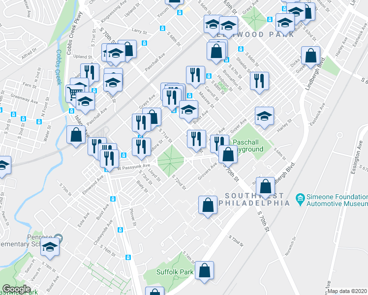 map of restaurants, bars, coffee shops, grocery stores, and more near 2628 Muhlfeld Street in Philadelphia