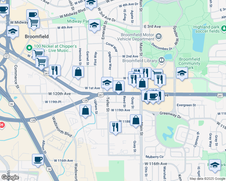 map of restaurants, bars, coffee shops, grocery stores, and more near 7105 West 120th Avenue in Broomfield