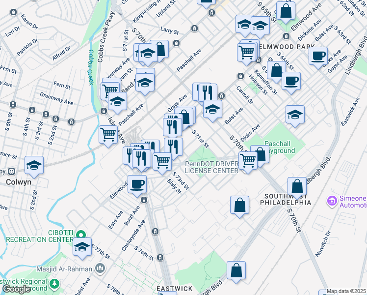map of restaurants, bars, coffee shops, grocery stores, and more near 7151 Theodore Street in Philadelphia