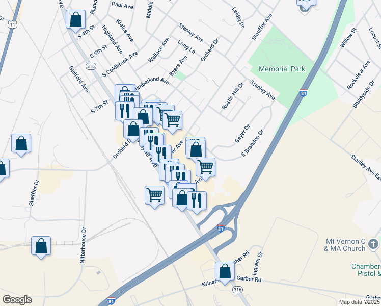 map of restaurants, bars, coffee shops, grocery stores, and more near 1005 Wayne Avenue in Chambersburg