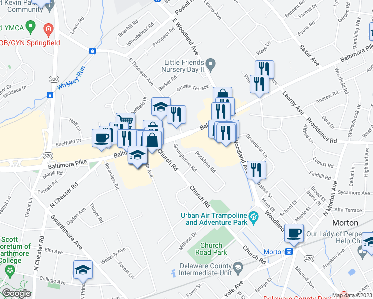 map of restaurants, bars, coffee shops, grocery stores, and more near 903 Rocklynn Road in Springfield