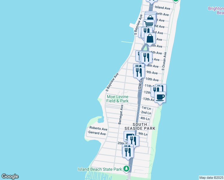 map of restaurants, bars, coffee shops, grocery stores, and more near 228 12th Avenue in Seaside Park