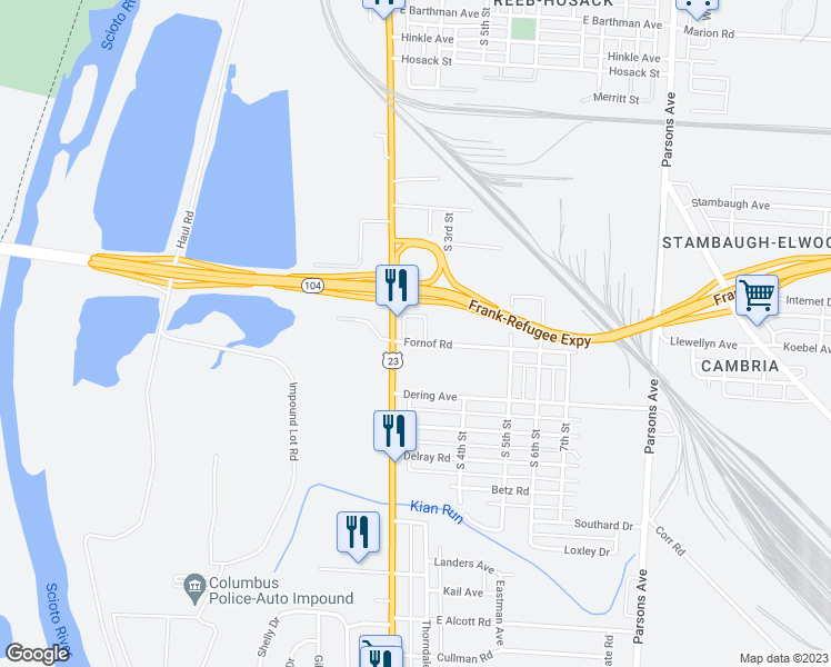 map of restaurants, bars, coffee shops, grocery stores, and more near 2300 South High Street in Columbus