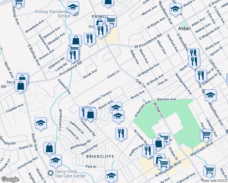 map of restaurants, bars, coffee shops, grocery stores, and more near 818 Lawnton Terrace in Glenolden