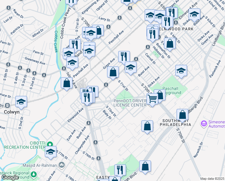 map of restaurants, bars, coffee shops, grocery stores, and more near 7151 Theodore Street in Philadelphia