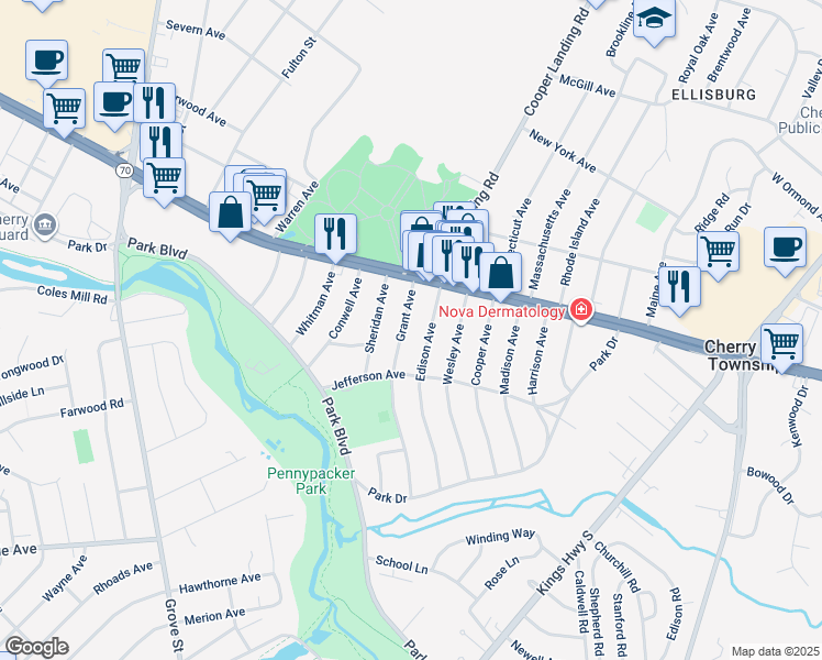 map of restaurants, bars, coffee shops, grocery stores, and more near 35 Grant Avenue in Cherry Hill
