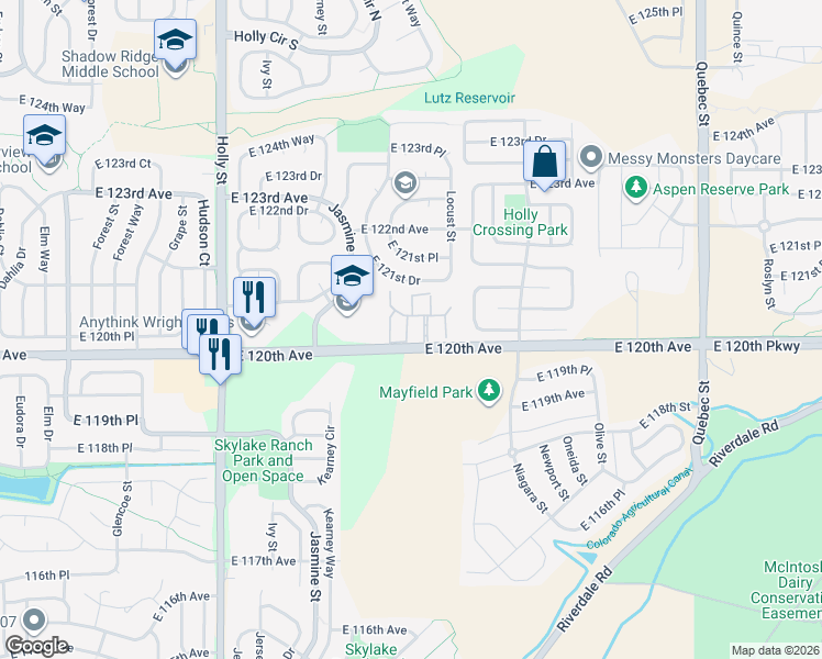 map of restaurants, bars, coffee shops, grocery stores, and more near 12034 Leyden Street in Brighton