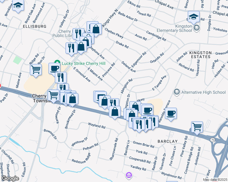 map of restaurants, bars, coffee shops, grocery stores, and more near 1009 Edgemoor Road in Cherry Hill