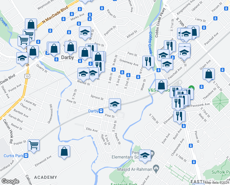 map of restaurants, bars, coffee shops, grocery stores, and more near 218 Walnut Street in Darby