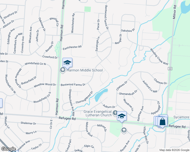 map of restaurants, bars, coffee shops, grocery stores, and more near 12400 Bentwood Farms Drive in Pickerington