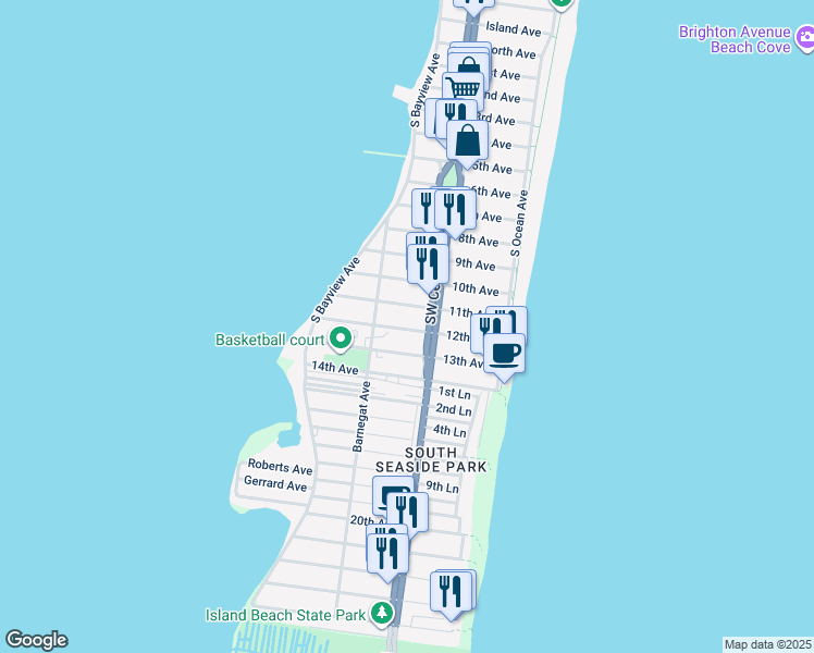 map of restaurants, bars, coffee shops, grocery stores, and more near 111 11th Avenue in Seaside Park