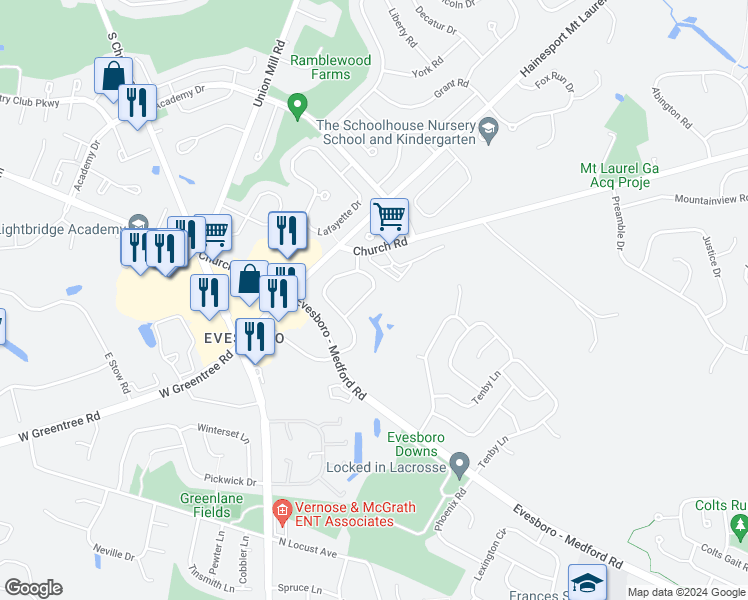 map of restaurants, bars, coffee shops, grocery stores, and more near 139 Hearthstone Lane in Evesham Township