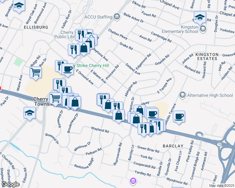 map of restaurants, bars, coffee shops, grocery stores, and more near 1009 Edgemoor Road in Cherry Hill