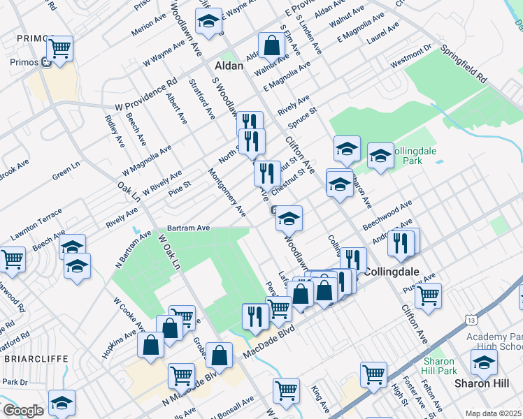 map of restaurants, bars, coffee shops, grocery stores, and more near 925 Chestnut Street in Collingdale