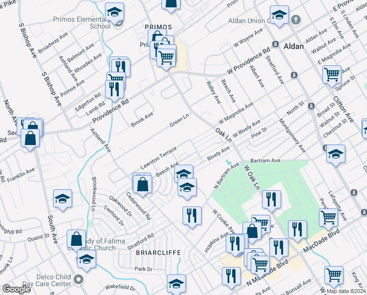 map of restaurants, bars, coffee shops, grocery stores, and more near 814 Lawnton Terrace in Glenolden