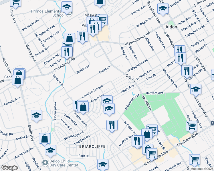 map of restaurants, bars, coffee shops, grocery stores, and more near 814 Lawnton Terrace in Glenolden