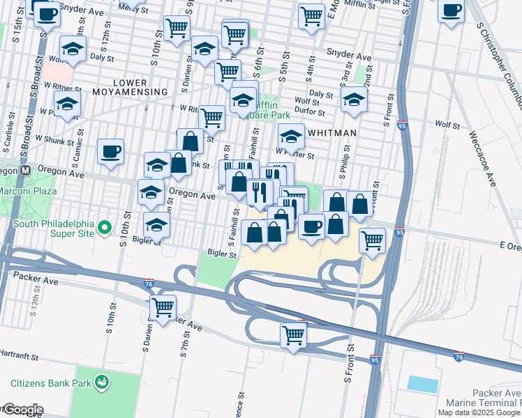 map of restaurants, bars, coffee shops, grocery stores, and more near 501 Oregon Avenue in Philadelphia