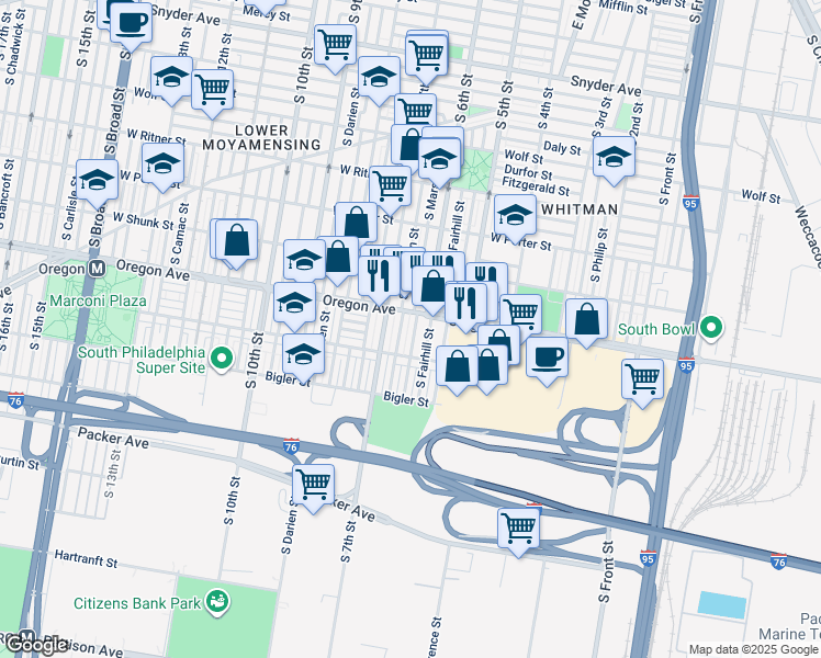 map of restaurants, bars, coffee shops, grocery stores, and more near 2714 South Marshall Street in Philadelphia