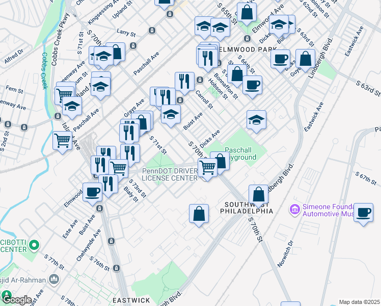 map of restaurants, bars, coffee shops, grocery stores, and more near 2659 South Holbrook Street in Philadelphia