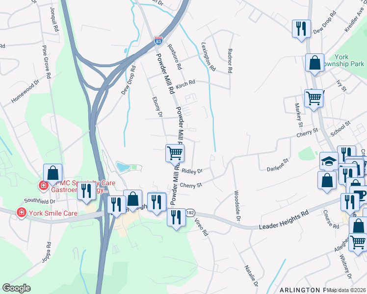 map of restaurants, bars, coffee shops, grocery stores, and more near 1897 Powder Mill Road in York