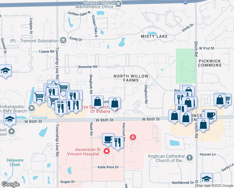 map of restaurants, bars, coffee shops, grocery stores, and more near 1947 Pin Oak Court in Indianapolis