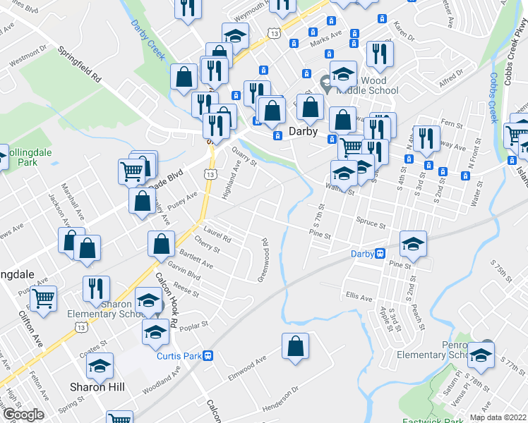 map of restaurants, bars, coffee shops, grocery stores, and more near 913 Pine Street in Darby