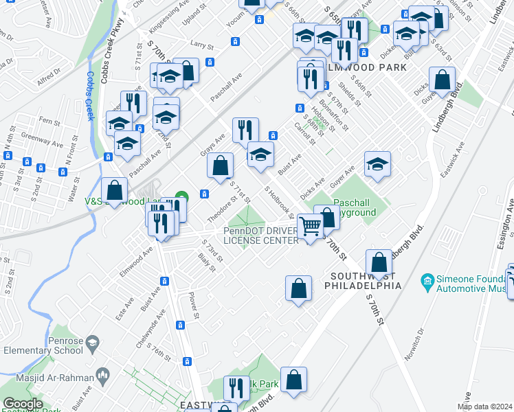 map of restaurants, bars, coffee shops, grocery stores, and more near 2613 South 71st Street in Philadelphia