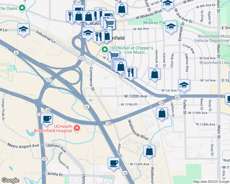 map of restaurants, bars, coffee shops, grocery stores, and more near 8055 Emerald Lane in Broomfield