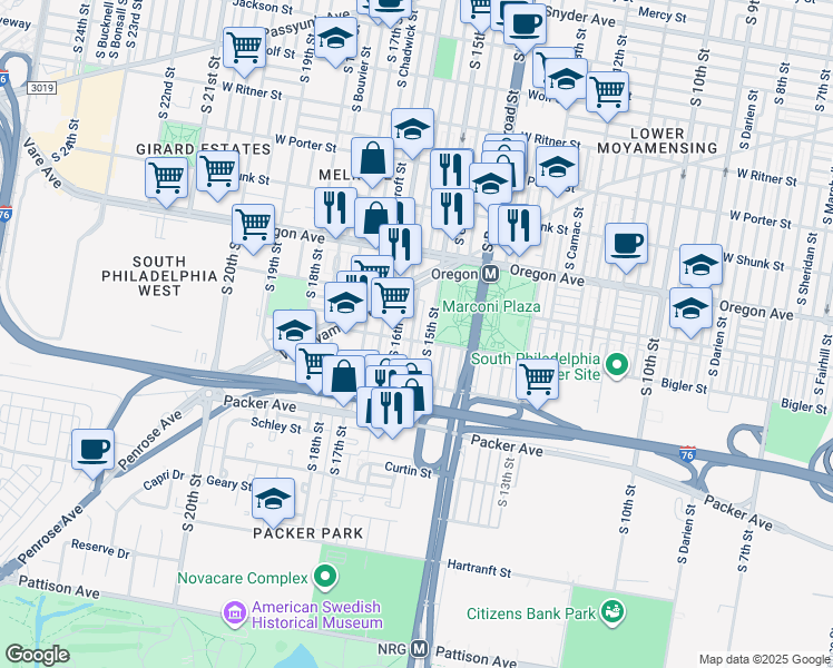 map of restaurants, bars, coffee shops, grocery stores, and more near 2863 South Sydenham Street in Philadelphia