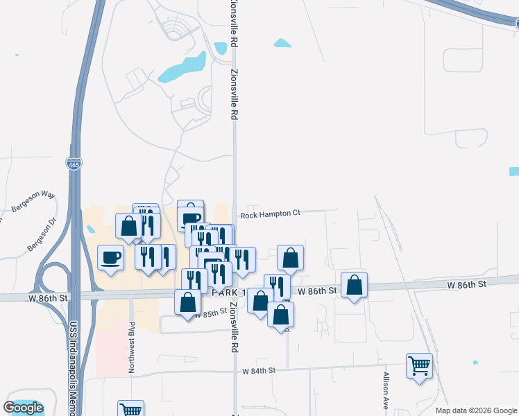 map of restaurants, bars, coffee shops, grocery stores, and more near 5520 Rock Hampton Court in Indianapolis