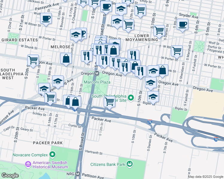 map of restaurants, bars, coffee shops, grocery stores, and more near 2800 South Iseminger Street in Philadelphia
