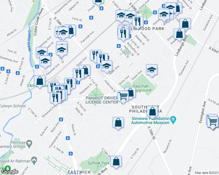 map of restaurants, bars, coffee shops, grocery stores, and more near 2644 Holbrook Street in Philadelphia