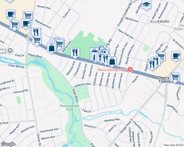 map of restaurants, bars, coffee shops, grocery stores, and more near 35 Grant Avenue in Cherry Hill