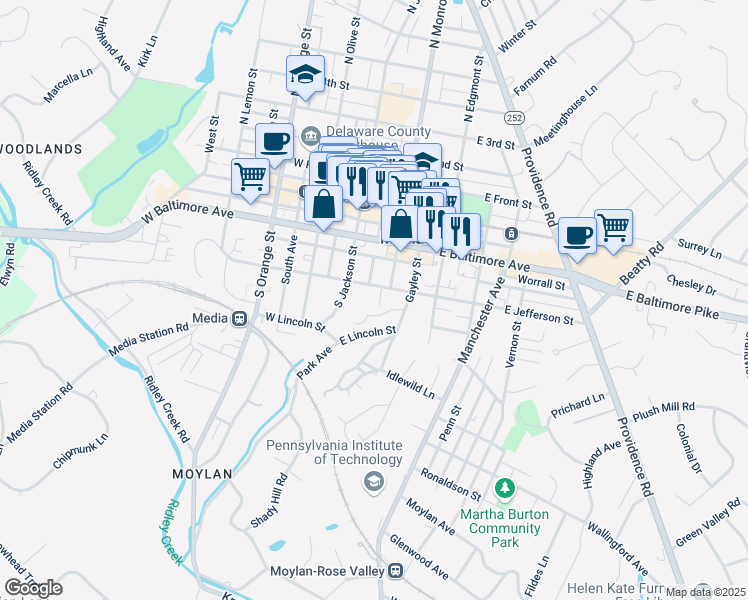 map of restaurants, bars, coffee shops, grocery stores, and more near 30 East Jefferson Street in Media